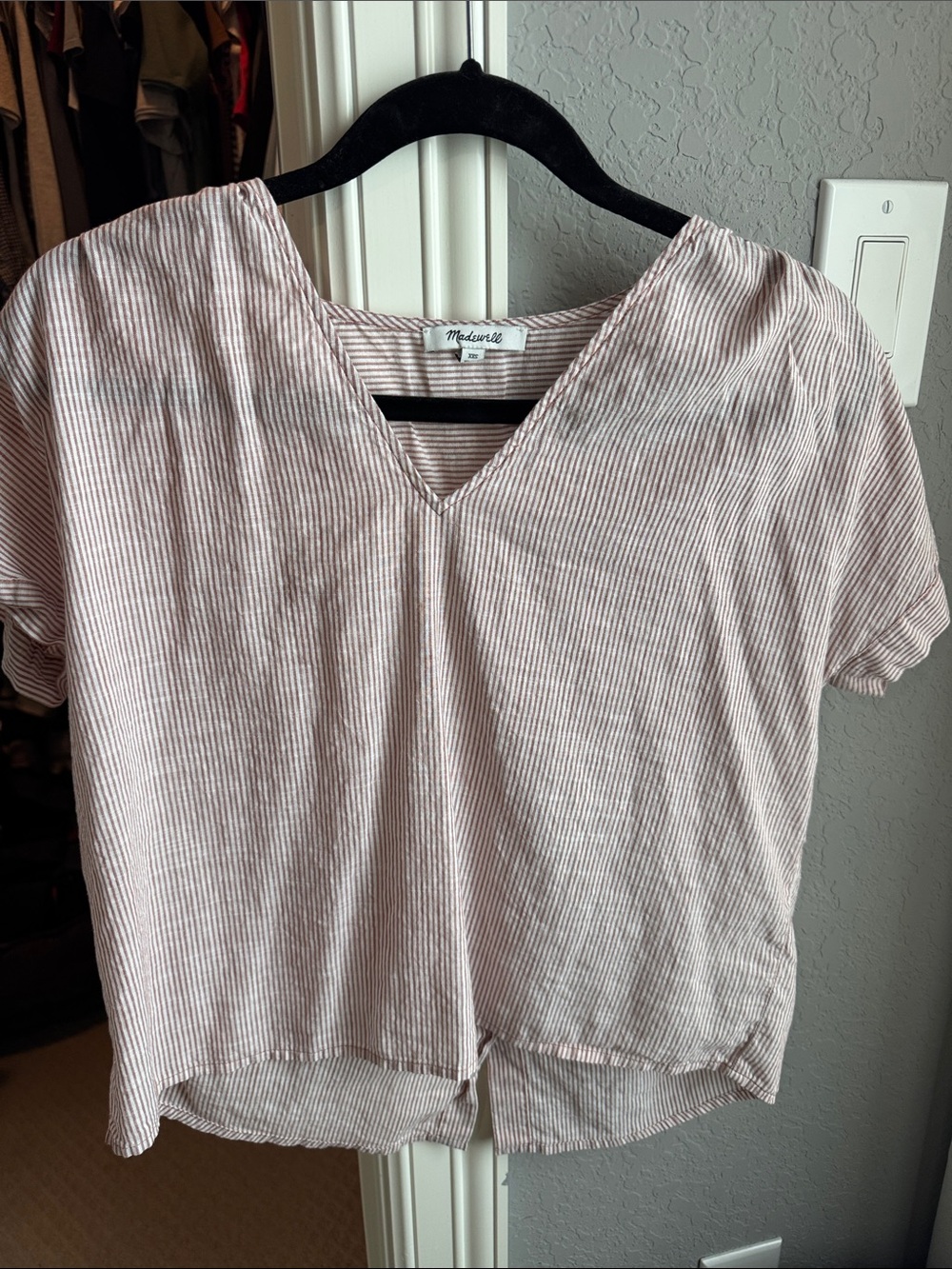 Madewell Pale Pink & White Striped V-Neck Short Sleeve Top